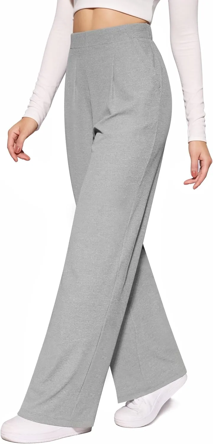 CLOZOZ Womens High Waisted Dressy Pants Tummy Control Waffle Knit Loose Fit Straight Leg Stretch Casual Wide Leg Trouser