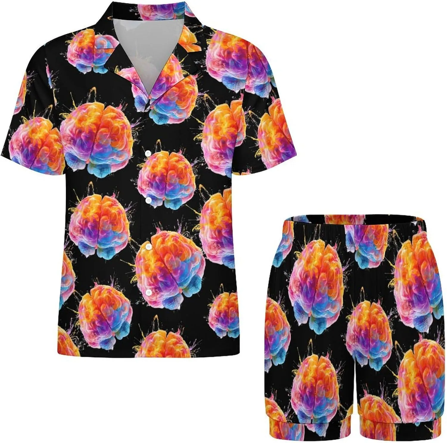 Colorful Human Brain 2 Pcs Pajamas For Women Set Cozy Short Sleeve Sleepwear Nightwear Loungewear