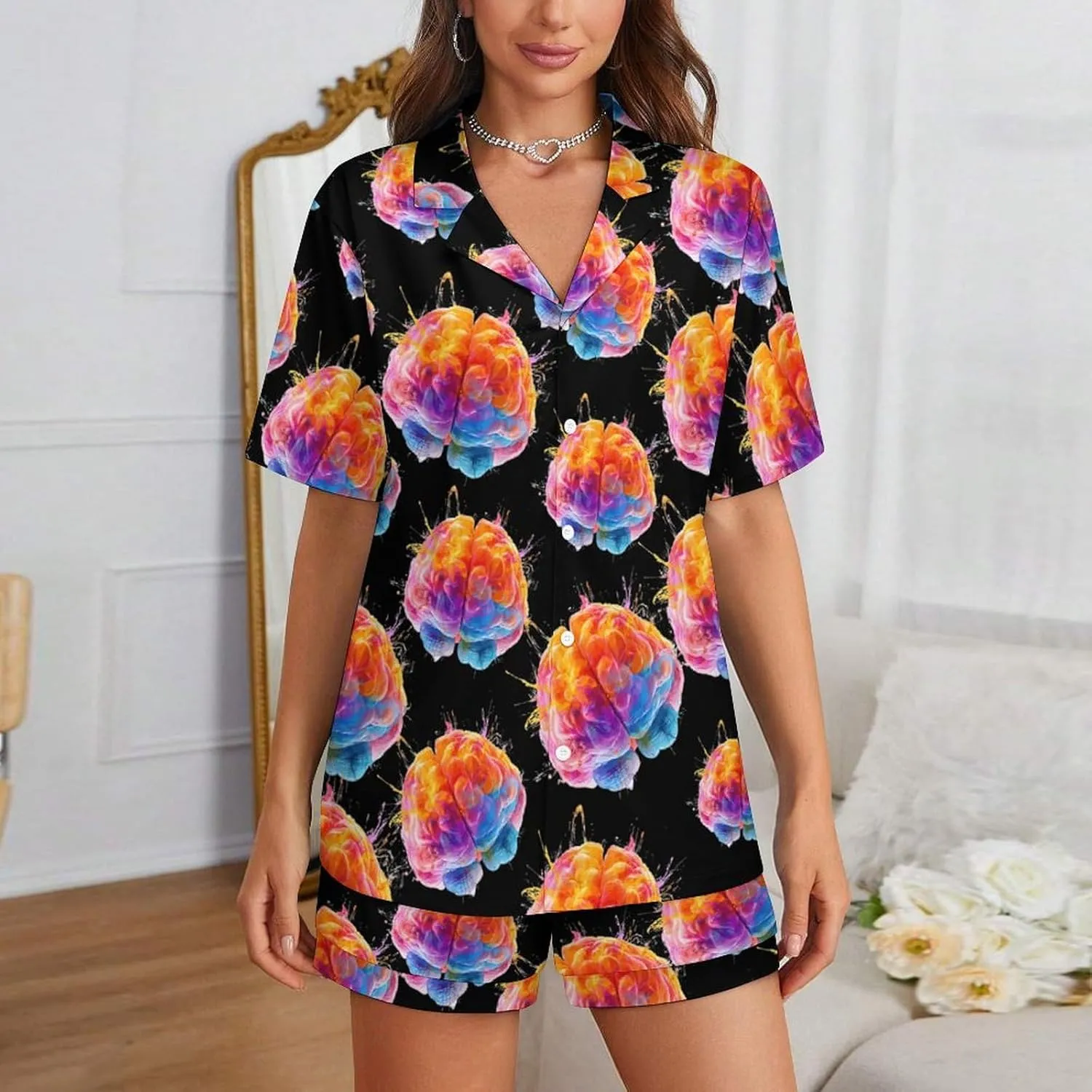 Colorful Human Brain 2 Pcs Pajamas For Women Set Cozy Short Sleeve Sleepwear Nightwear Loungewear