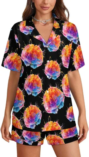 Colorful Human Brain 2 Pcs Pajamas For Women Set Cozy Short Sleeve Sleepwear Nightwear Loungewear