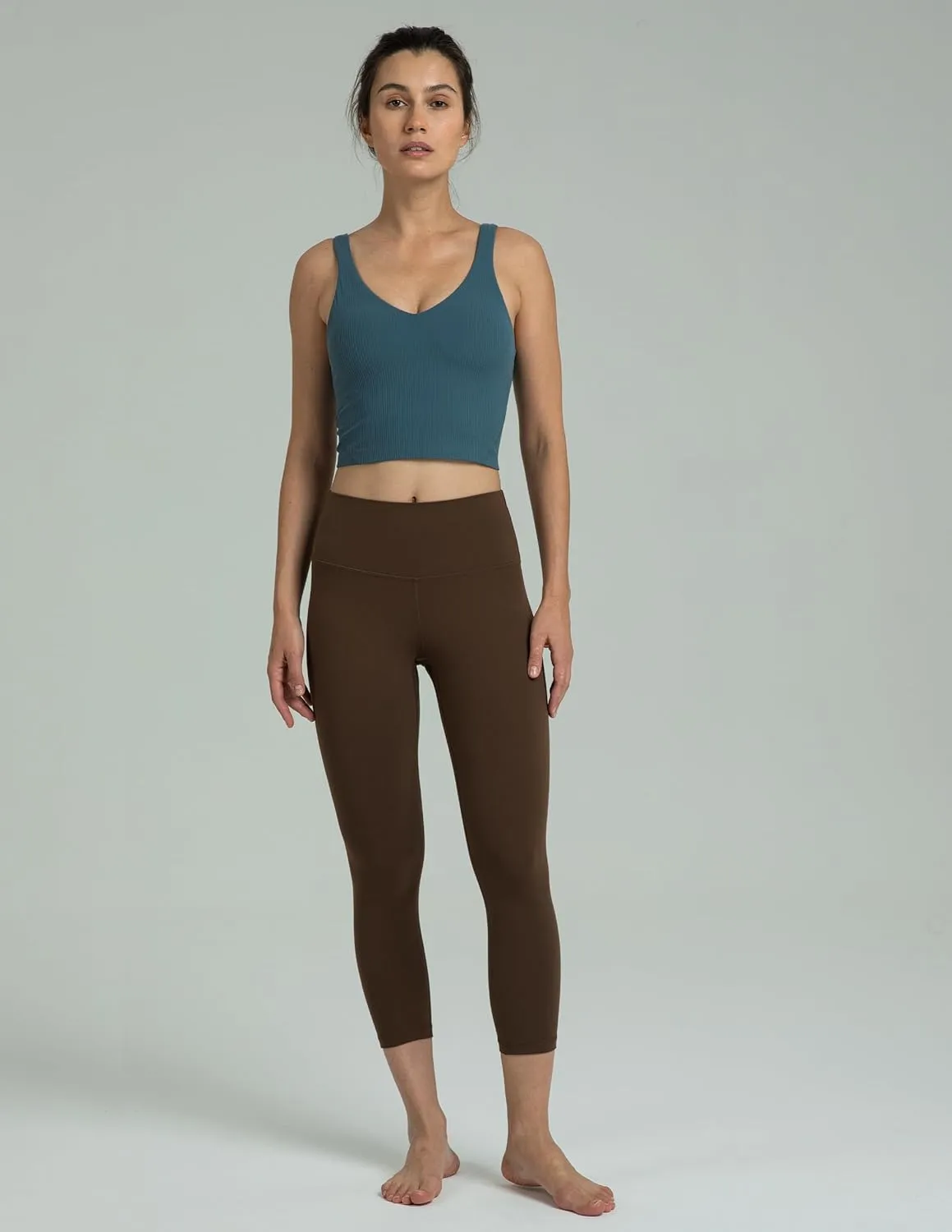 Colorfulkoala Women's Dreamlux Ribbed V-Neck Workout Tank Top with Built-in Shelf Bra Padded Cropped Yoga Shirts