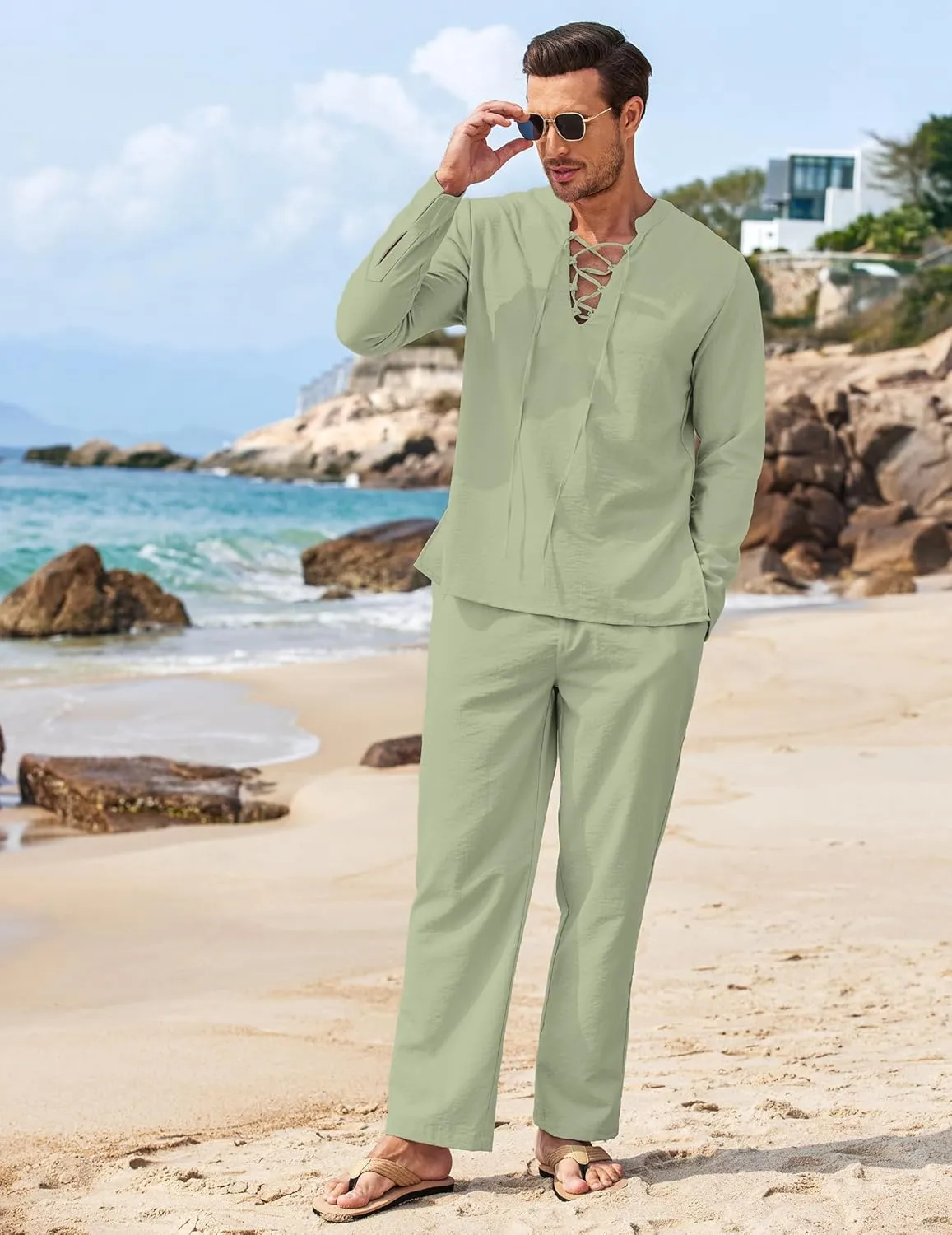 COOFANDY Men's 2 Piece Linen Set Long Sleeve Henley Shirts Casual Beach Pants With Pockets Summer Yoga Outfits