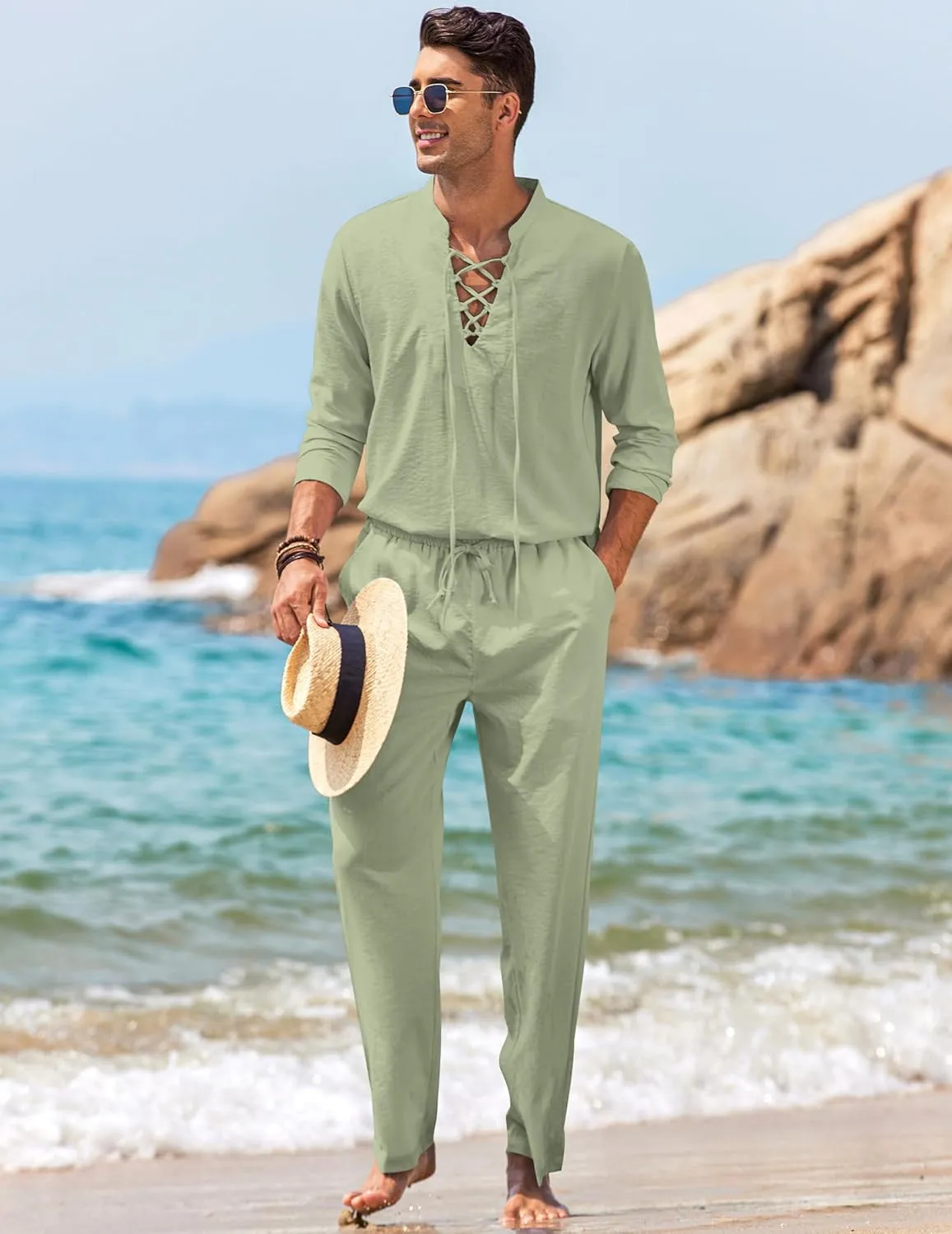 COOFANDY Men's 2 Piece Linen Set Long Sleeve Henley Shirts Casual Beach Pants With Pockets Summer Yoga Outfits