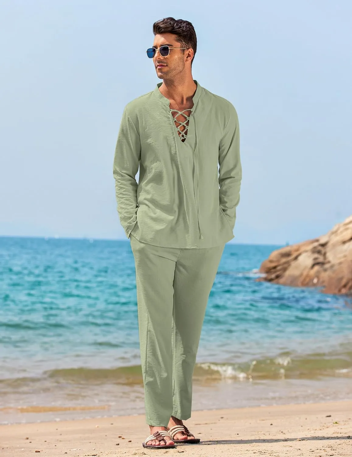 COOFANDY Men's 2 Piece Linen Set Long Sleeve Henley Shirts Casual Beach Pants With Pockets Summer Yoga Outfits