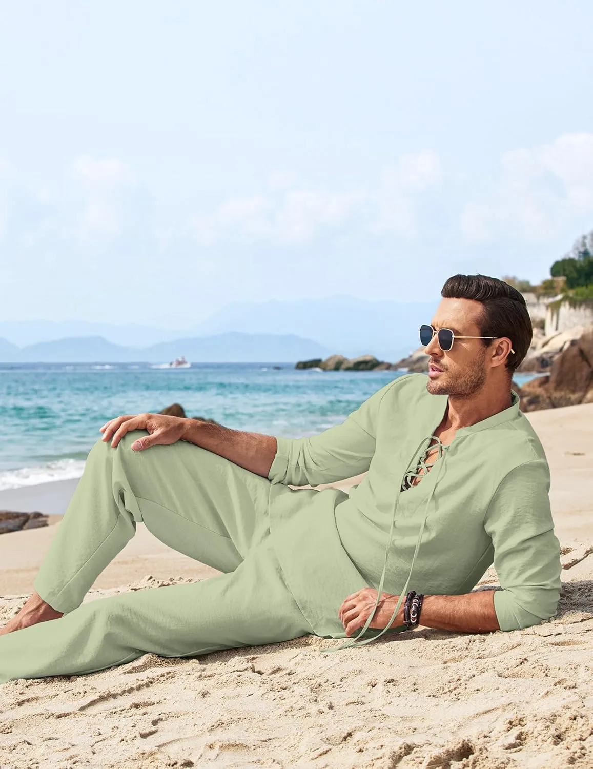 COOFANDY Men's 2 Piece Linen Set Long Sleeve Henley Shirts Casual Beach Pants With Pockets Summer Yoga Outfits