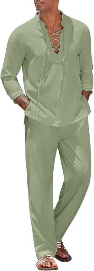 COOFANDY Men's 2 Piece Linen Set Long Sleeve Henley Shirts Casual Beach Pants With Pockets Summer Yoga Outfits
