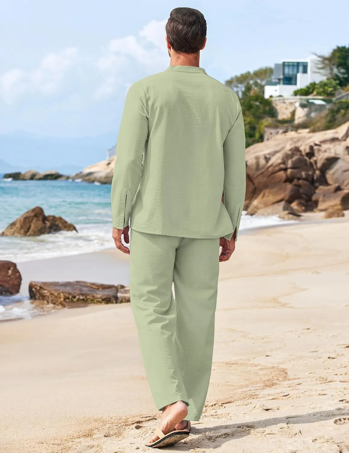 COOFANDY Men's 2 Piece Linen Set Long Sleeve Henley Shirts Casual Beach Pants With Pockets Summer Yoga Outfits