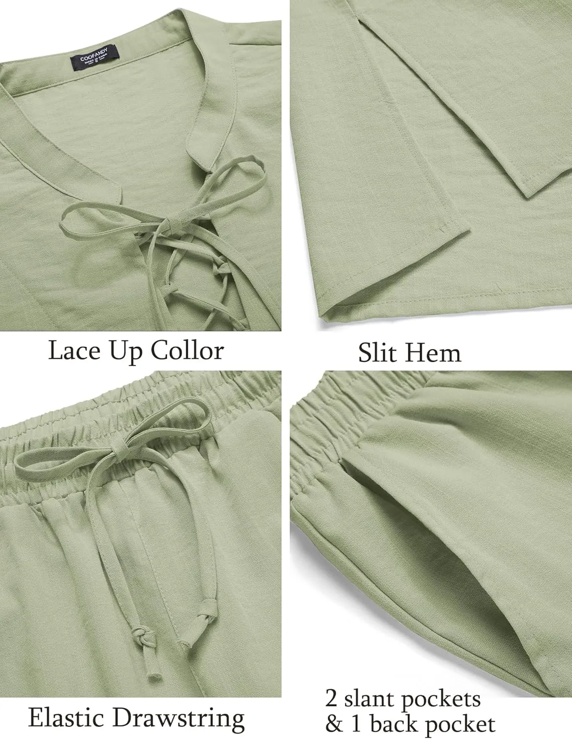 COOFANDY Men's 2 Piece Linen Set Long Sleeve Henley Shirts Casual Beach Pants With Pockets Summer Yoga Outfits