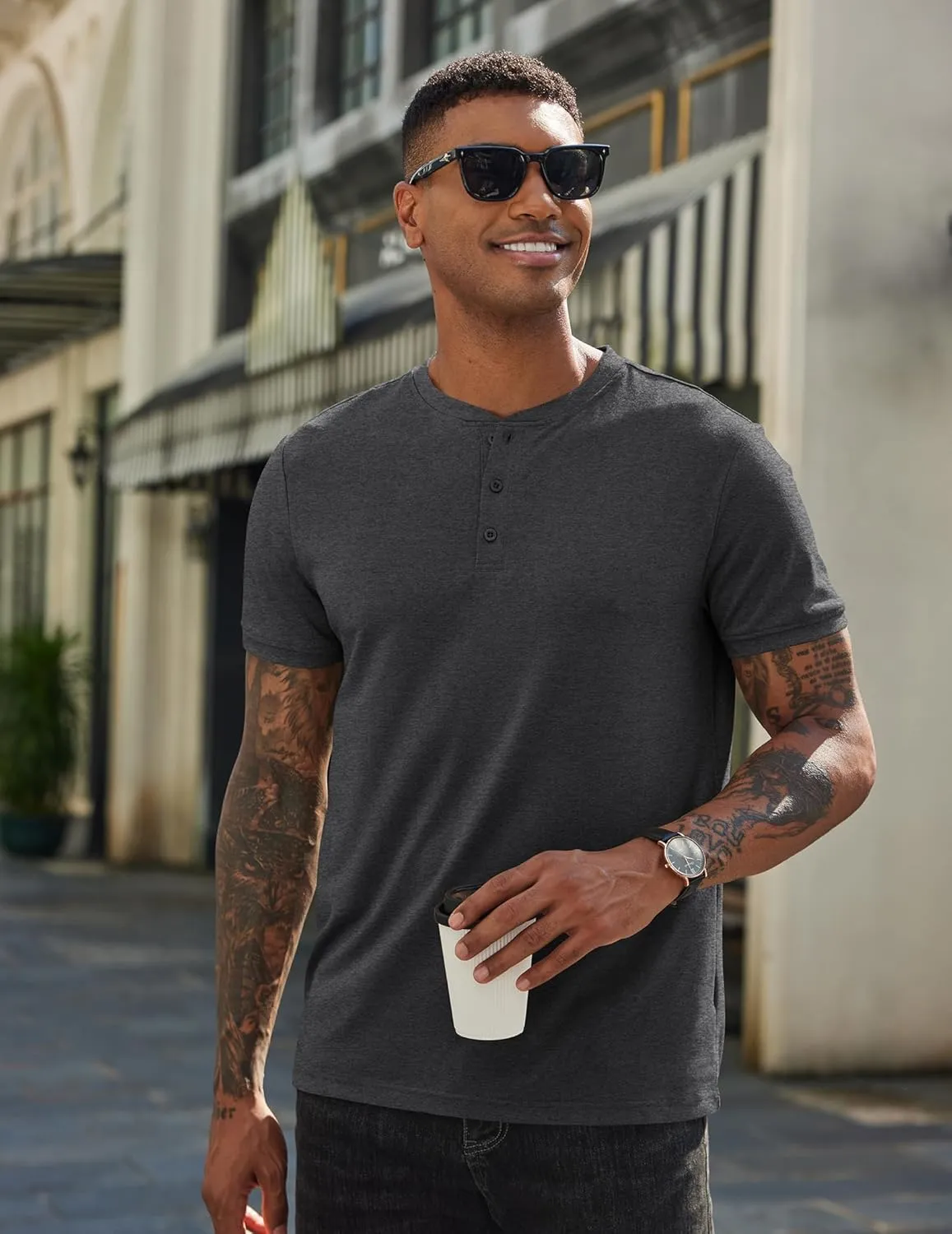 COOFANDY Men's Henley Shirts Cotton Short Sleeve Casual T-Shirt Button Henley Basic Tee Lightweight Summer Top