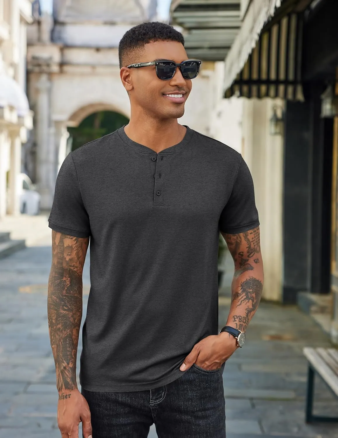 COOFANDY Men's Henley Shirts Cotton Short Sleeve Casual T-Shirt Button Henley Basic Tee Lightweight Summer Top