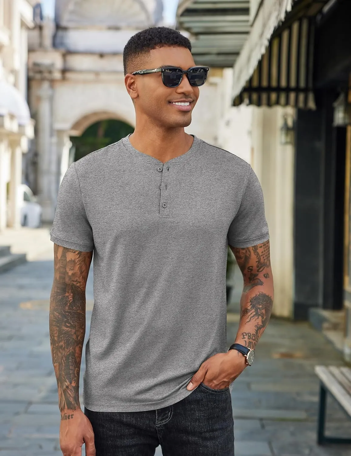 COOFANDY Men's Henley Shirts Cotton Short Sleeve Casual T-Shirt Button Henley Basic Tee Lightweight Summer Top