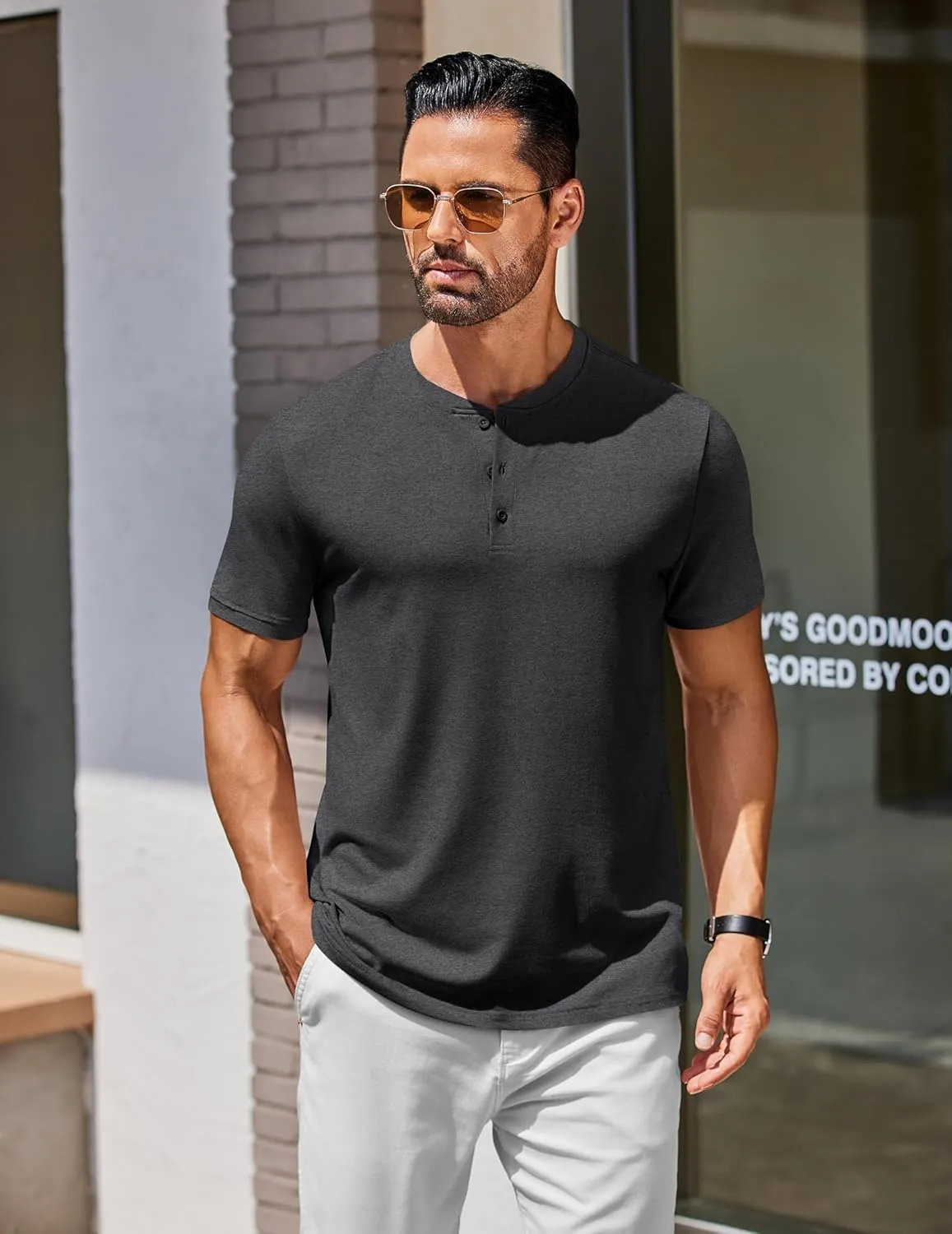 COOFANDY Men's Henley Shirts Cotton Short Sleeve Casual T-Shirt Button Henley Basic Tee Lightweight Summer Top