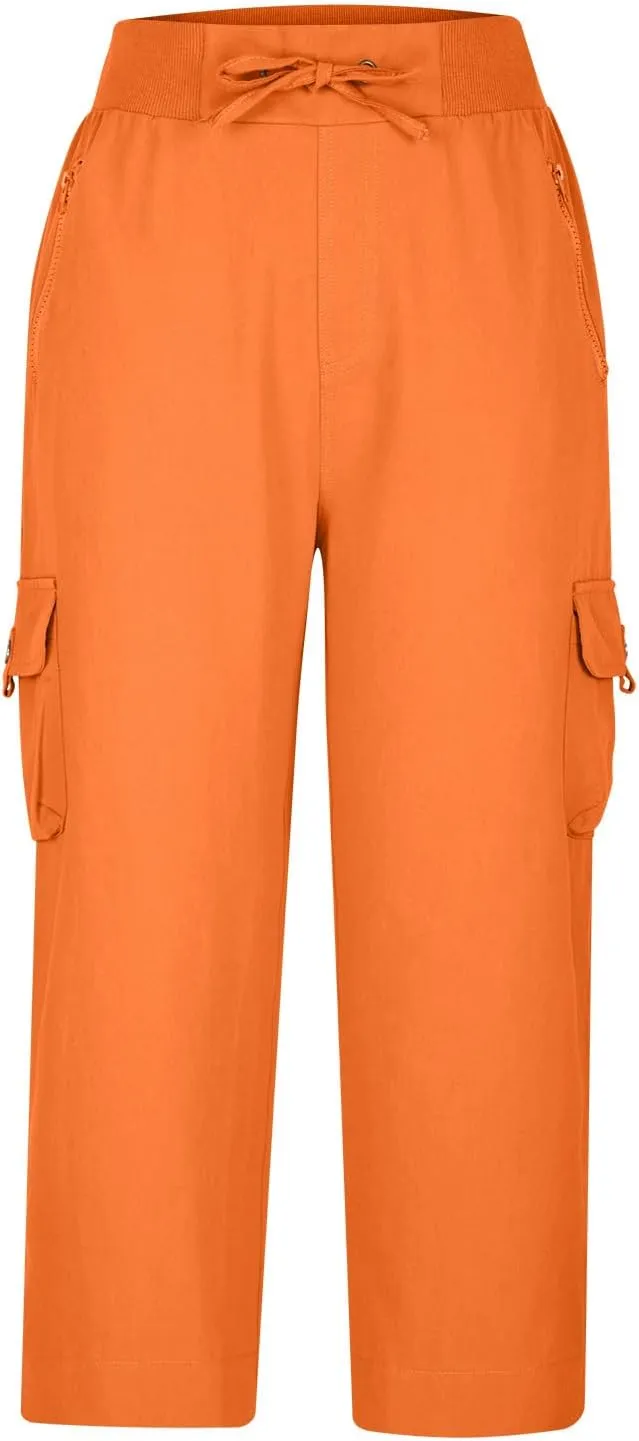 Cotton Capri Pants for Women High Waist Knee Length Cargo Pants Lightweight Trousers Summer Casual Cropped Pants