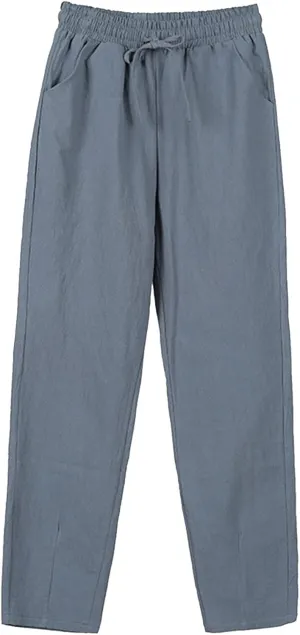 Cotton Linen Pants Women Casual High Waist Drawstring Baggy Trousers Straight Wide Leg Yoga Pants with Pockets