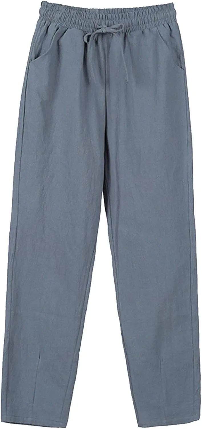 Cotton Linen Pants Women Casual High Waist Drawstring Baggy Trousers Straight Wide Leg Yoga Pants with Pockets