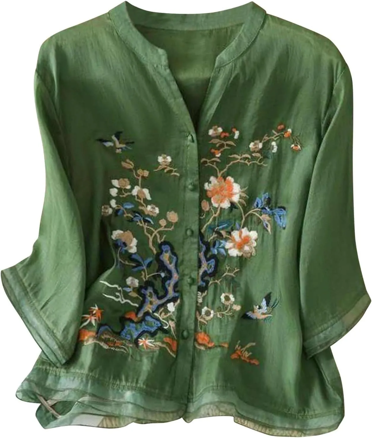Cotton Linen Shirts for Women 2025 Floral Embroidered Tops Boho Ethnic Women 3/4 Sleeve V Neck Button Tunic Tshirt