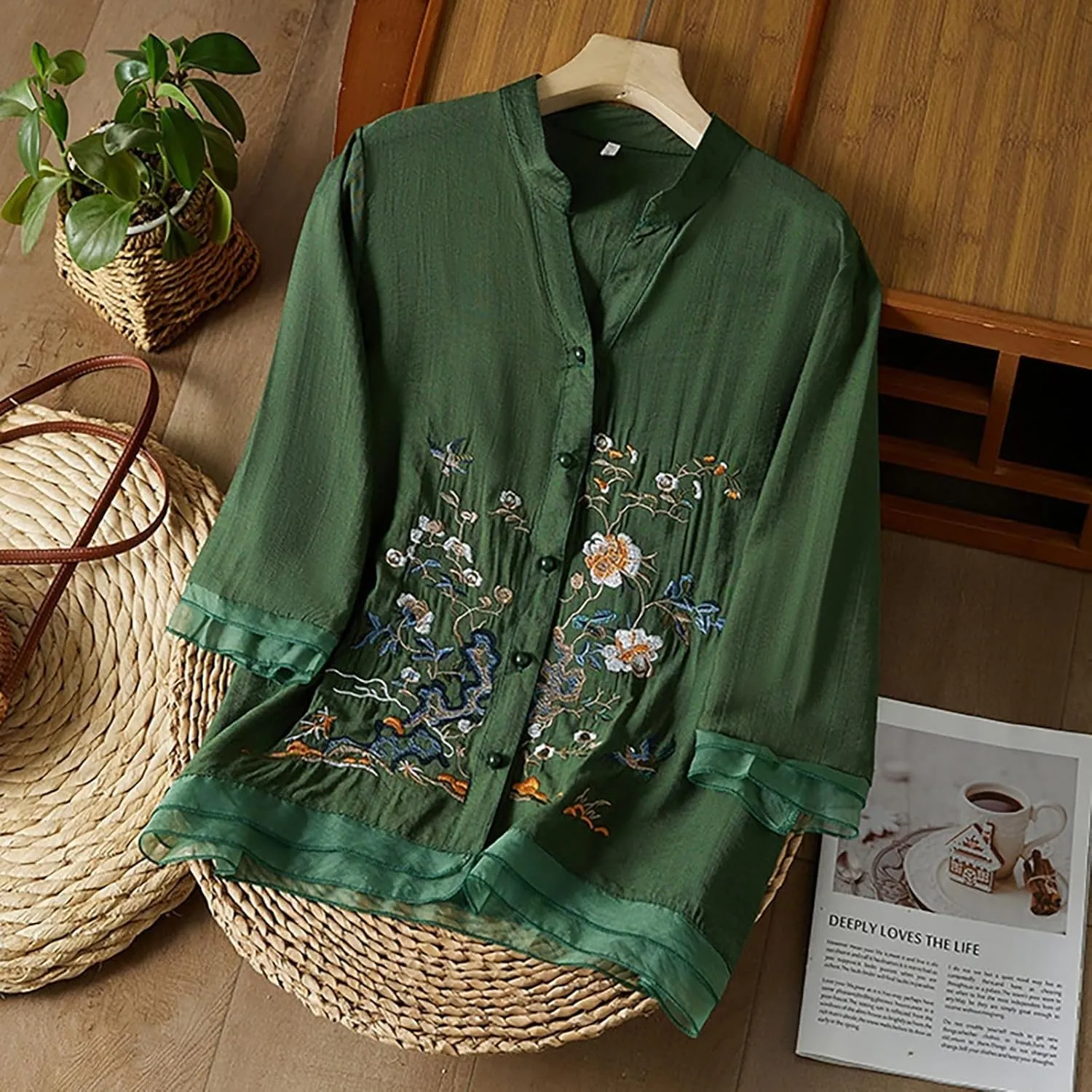 Cotton Linen Shirts for Women 2025 Floral Embroidered Tops Boho Ethnic Women 3/4 Sleeve V Neck Button Tunic Tshirt