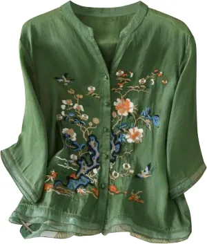Cotton Linen Shirts for Women 2025 Floral Embroidered Tops Boho Ethnic Women 3/4 Sleeve V Neck Button Tunic Tshirt