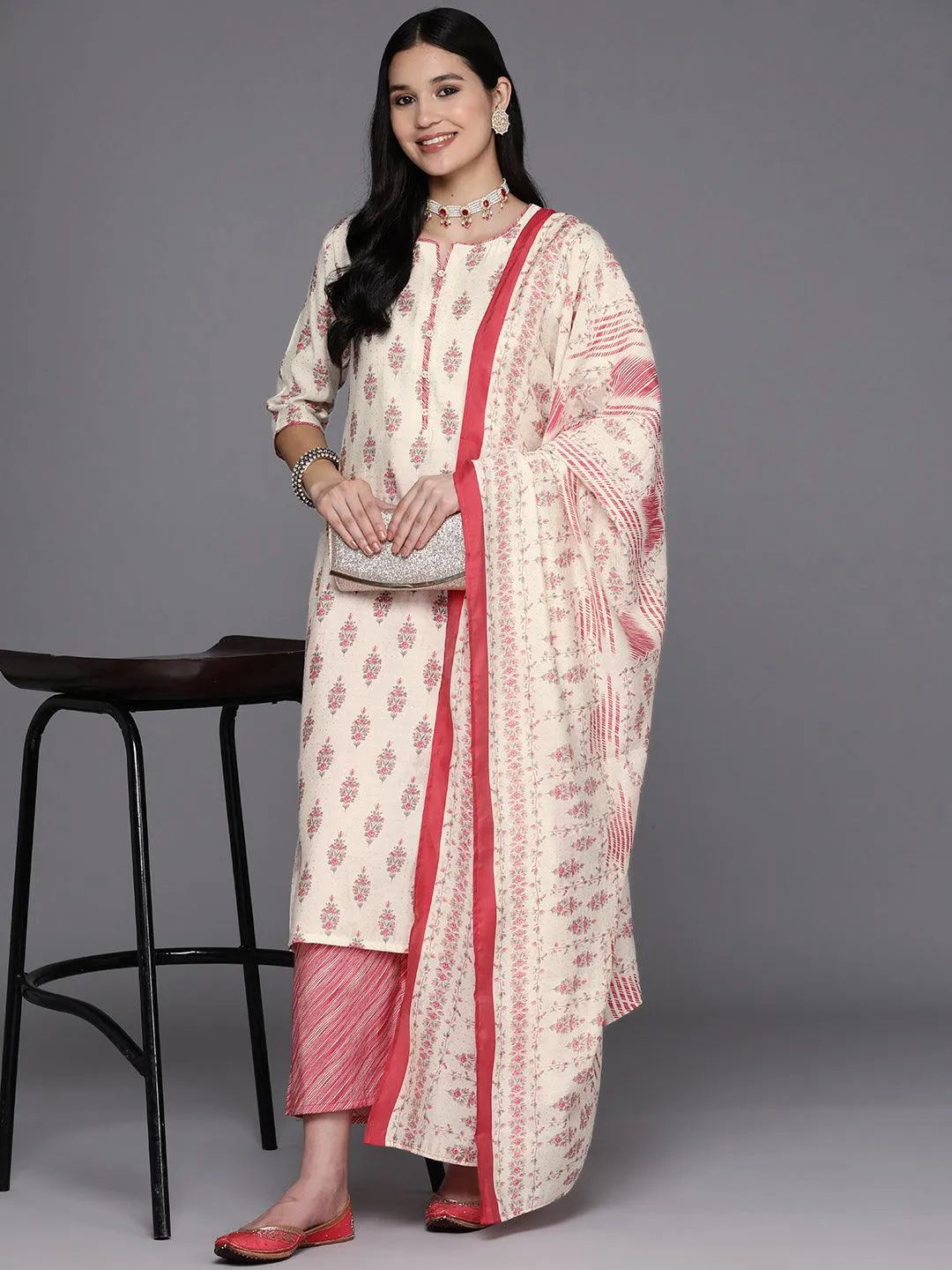 Cream Printed Silk Blend Straight Kurta With Palazzos & Dupatta