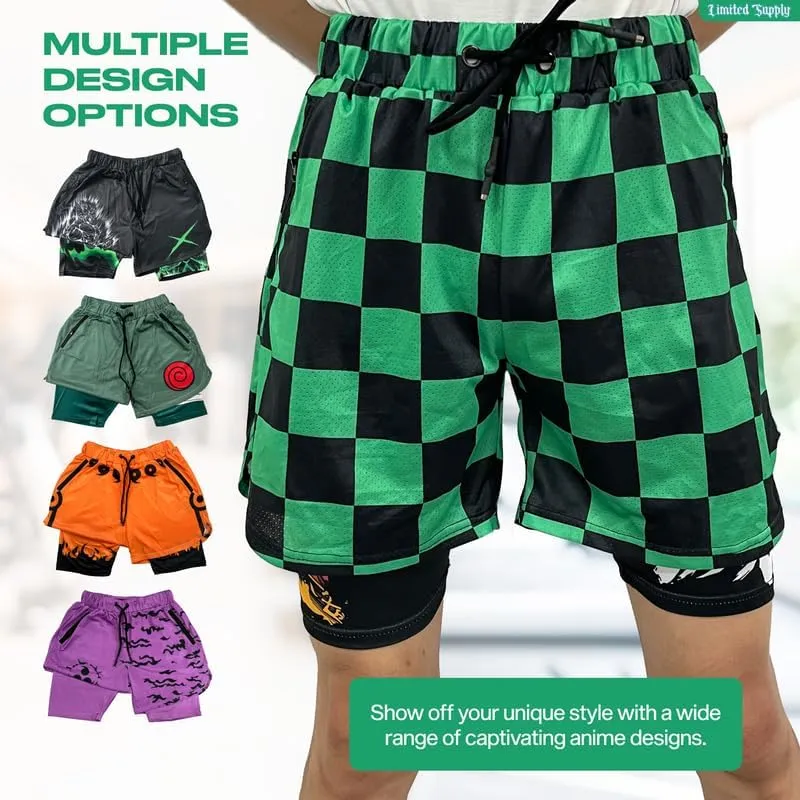 CROWN Anime Shorts - Breathable Mesh Stretch Compression Short with Pockets and Towel Holder