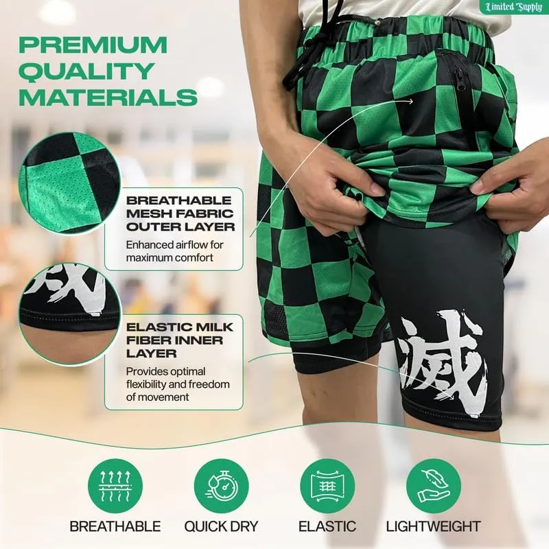 CROWN Anime Shorts - Breathable Mesh Stretch Compression Short with Pockets and Towel Holder