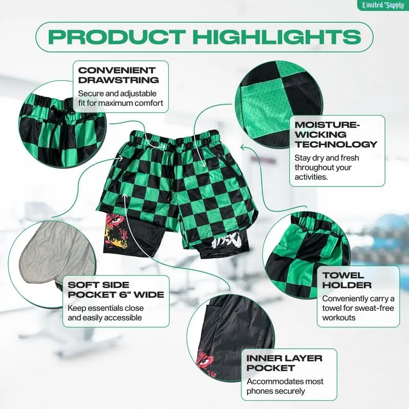 CROWN Anime Shorts - Breathable Mesh Stretch Compression Short with Pockets and Towel Holder