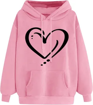 ctdiral Women's Cute Heart Printed Hoodies Casual Long Sleeve Comfortable Hooded Sweatshirt with Pocket Fall Clothes