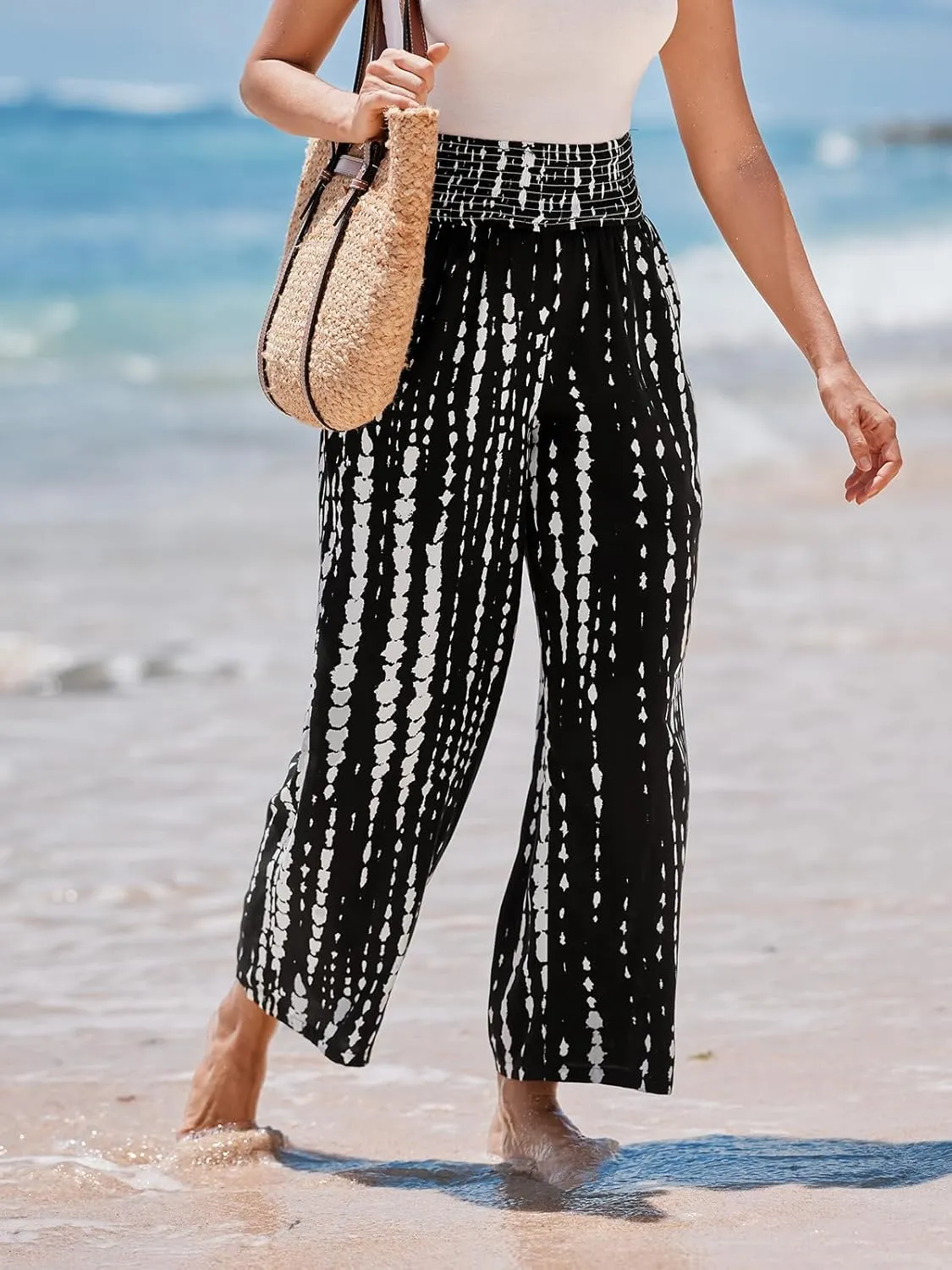 CUPSHE Women Pants Abstract Smocked Waist Long Pant Wide Leg Pant Casual