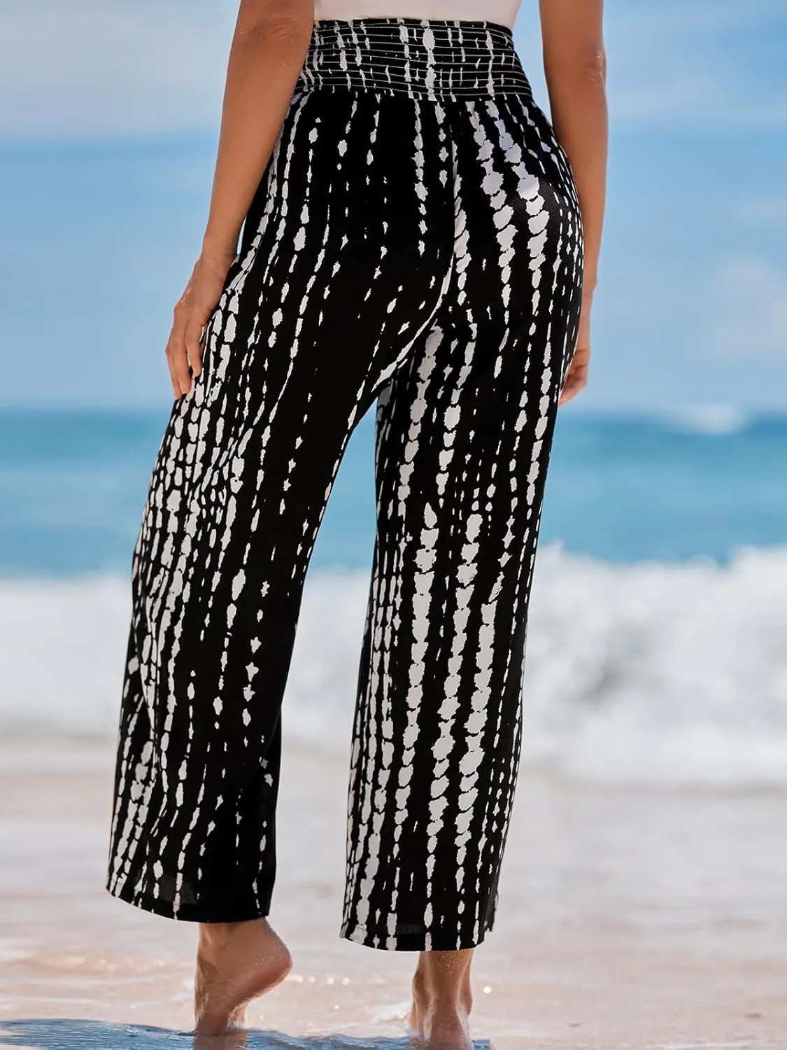 CUPSHE Women Pants Abstract Smocked Waist Long Pant Wide Leg Pant Casual