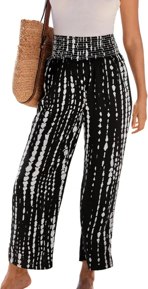 CUPSHE Women Pants Abstract Smocked Waist Long Pant Wide Leg Pant Casual