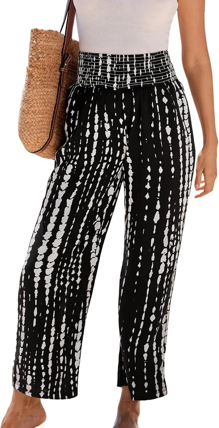 CUPSHE Women Pants Abstract Smocked Waist Long Pant Wide Leg Pant Casual