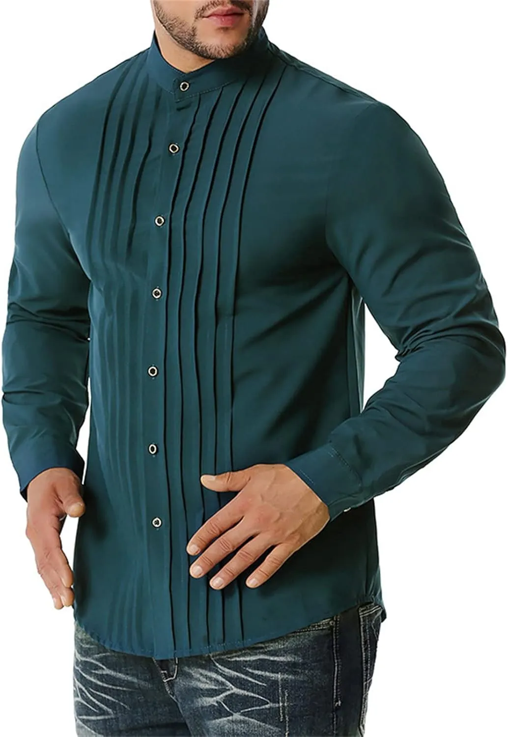DGHM-JLMY Men Business Pleated Henry Collar Long Sleeve Shirt Slim Fit Pleated Tuxedo Wedding Shirt Solid Party Dress Shirt