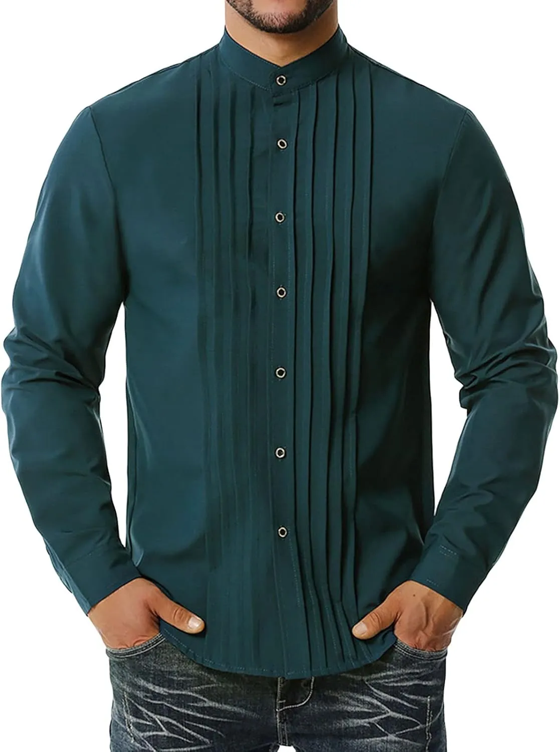 DGHM-JLMY Men Business Pleated Henry Collar Long Sleeve Shirt Slim Fit Pleated Tuxedo Wedding Shirt Solid Party Dress Shirt