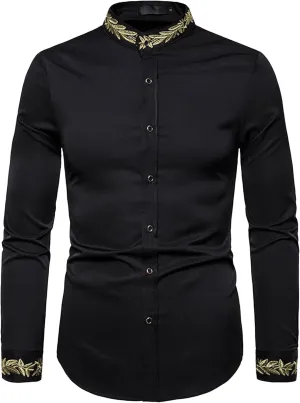 DGHM-JLMY Mens African Metallic Print Shirt Fashion Palace Embroidered Long Sleeve Shirt Slim Fit Dress Shirts
