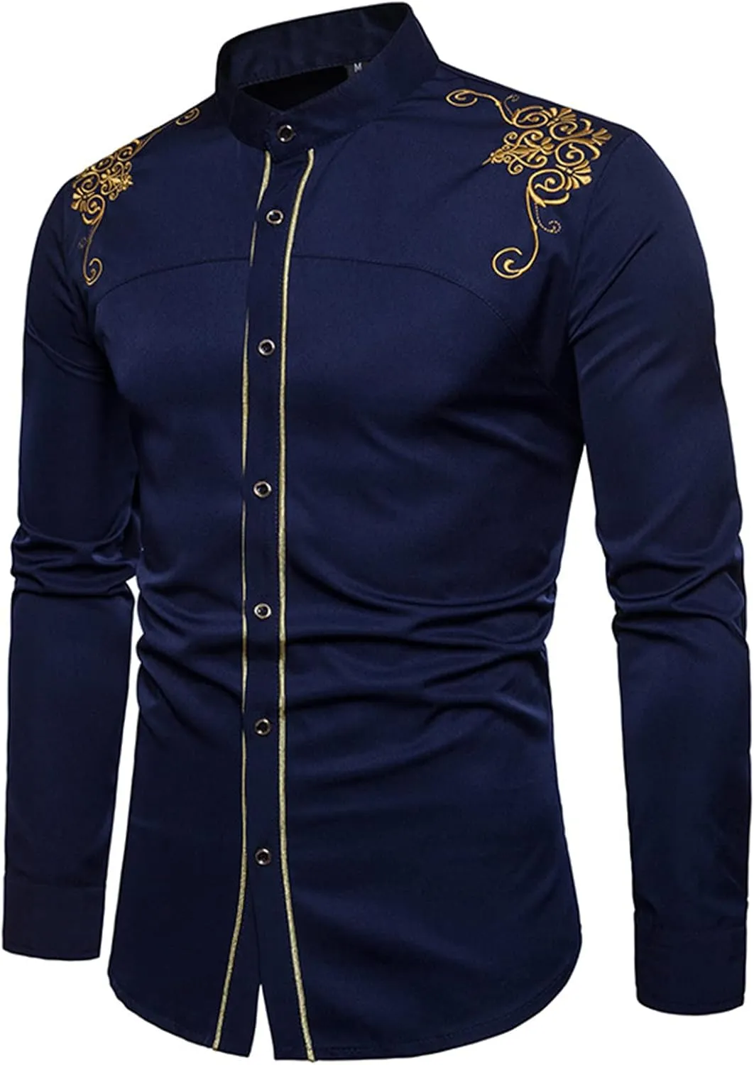 DGHM-JLMY Mens African Metallic Print Shirt Fashion Palace Embroidered Long Sleeve Shirt Slim Fit Dress Shirts