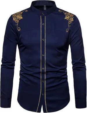 DGHM-JLMY Mens African Metallic Print Shirt Fashion Palace Embroidered Long Sleeve Shirt Slim Fit Dress Shirts