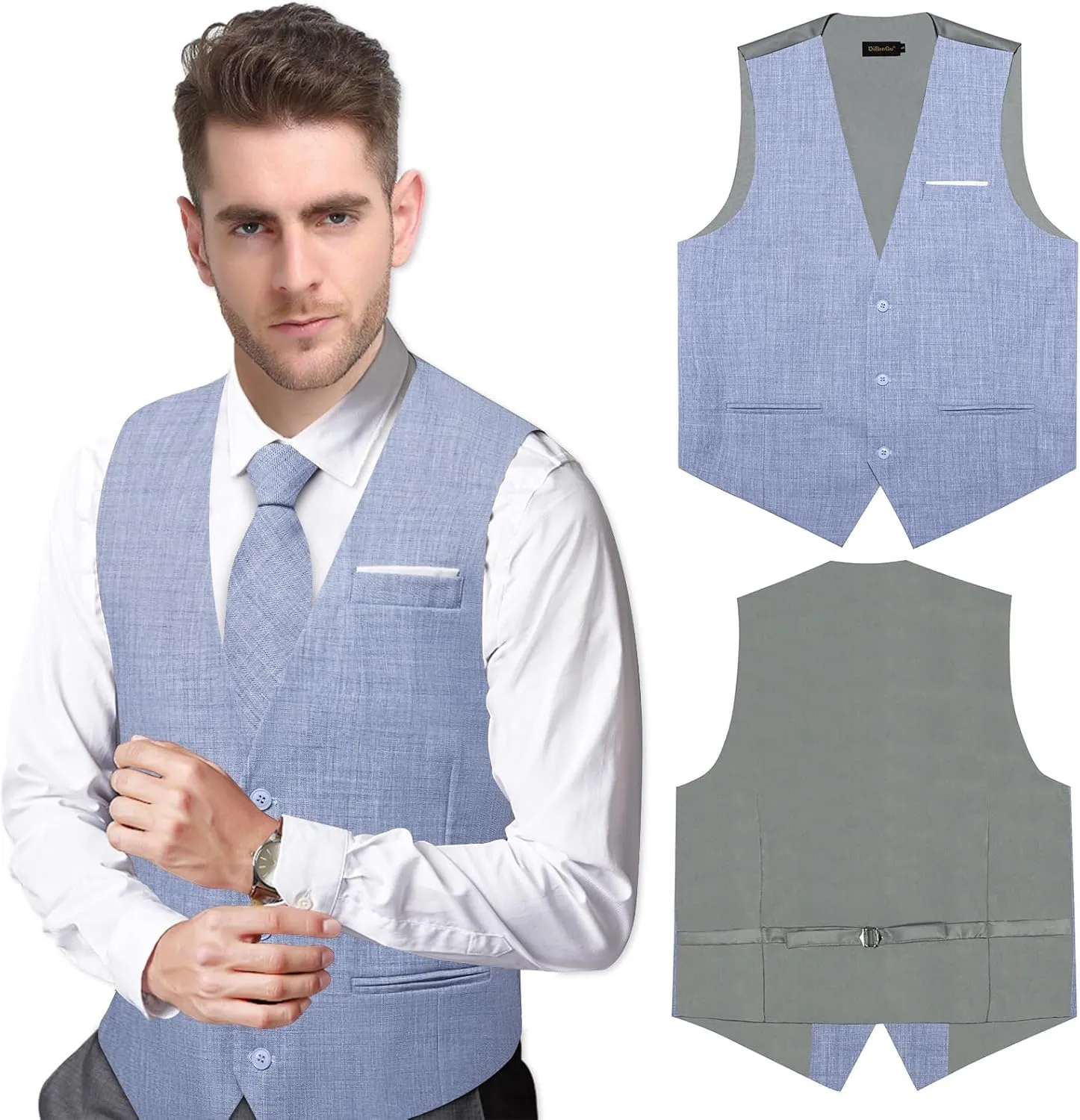 DiBanGu Mens Linen Suit Vest Casual Waistcoat and Necktie & Pre-tied Bowtie Set 6PCS Solid Color Dress Vest for Wedding Party