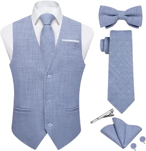 DiBanGu Mens Linen Suit Vest Casual Waistcoat and Necktie & Pre-tied Bowtie Set 6PCS Solid Color Dress Vest for Wedding Party