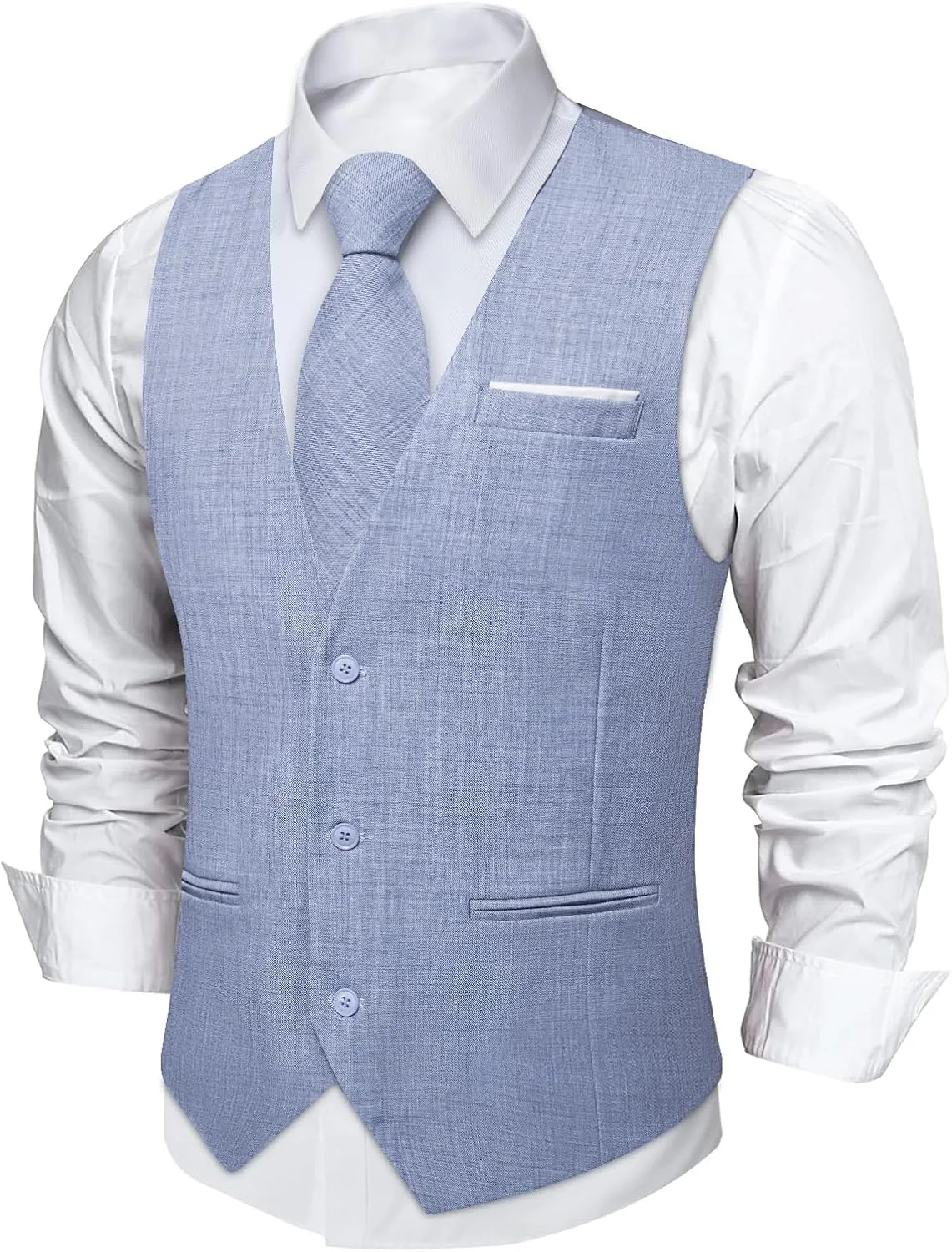 DiBanGu Mens Linen Suit Vest Casual Waistcoat and Necktie & Pre-tied Bowtie Set 6PCS Solid Color Dress Vest for Wedding Party