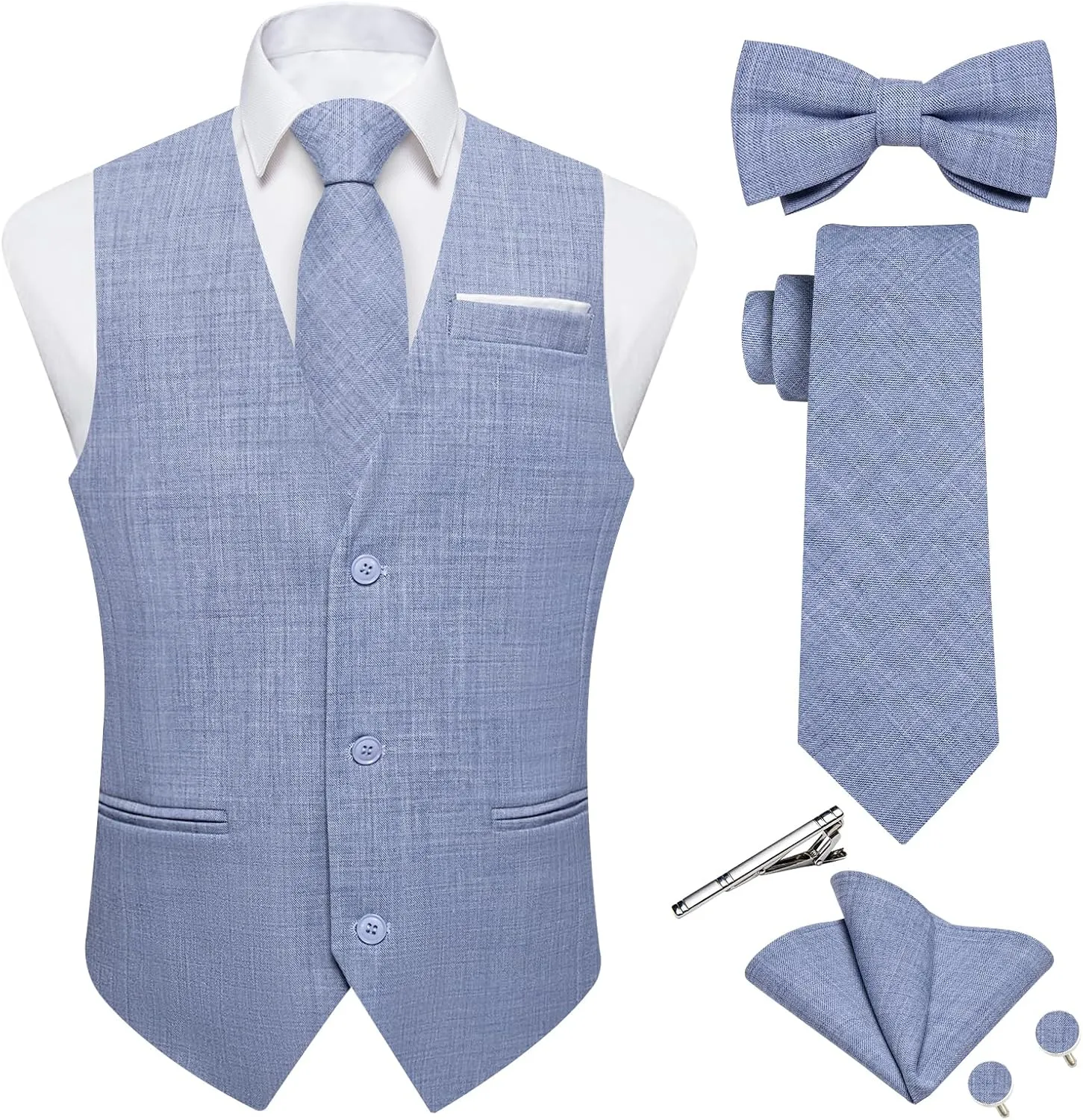 DiBanGu Mens Linen Suit Vest Casual Waistcoat and Necktie & Pre-tied Bowtie Set 6PCS Solid Color Dress Vest for Wedding Party