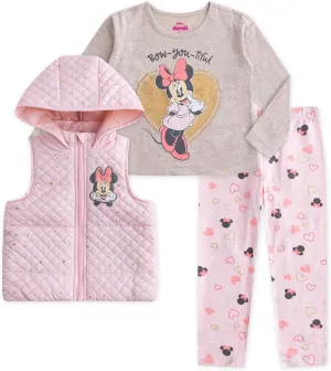 Disney Minnie Mouse Girls Long Sleeve Shirt Vest and Legging Pants Set for Toddler and Little Kids