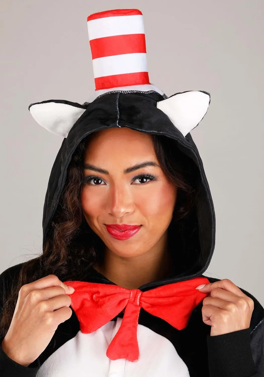 Dr. Seuss Cat in the Hat Adult Costume Onesie - Hooded Jumpsuit for Halloween, Cosplay, or Pajama Parties