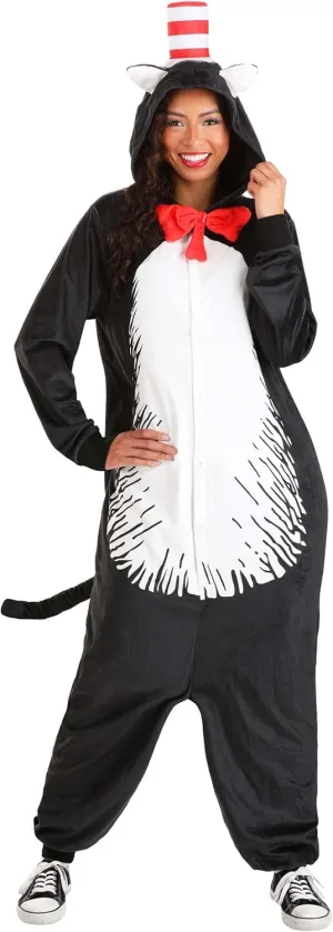 Dr. Seuss Cat in the Hat Adult Costume Onesie - Hooded Jumpsuit for Halloween, Cosplay, or Pajama Parties