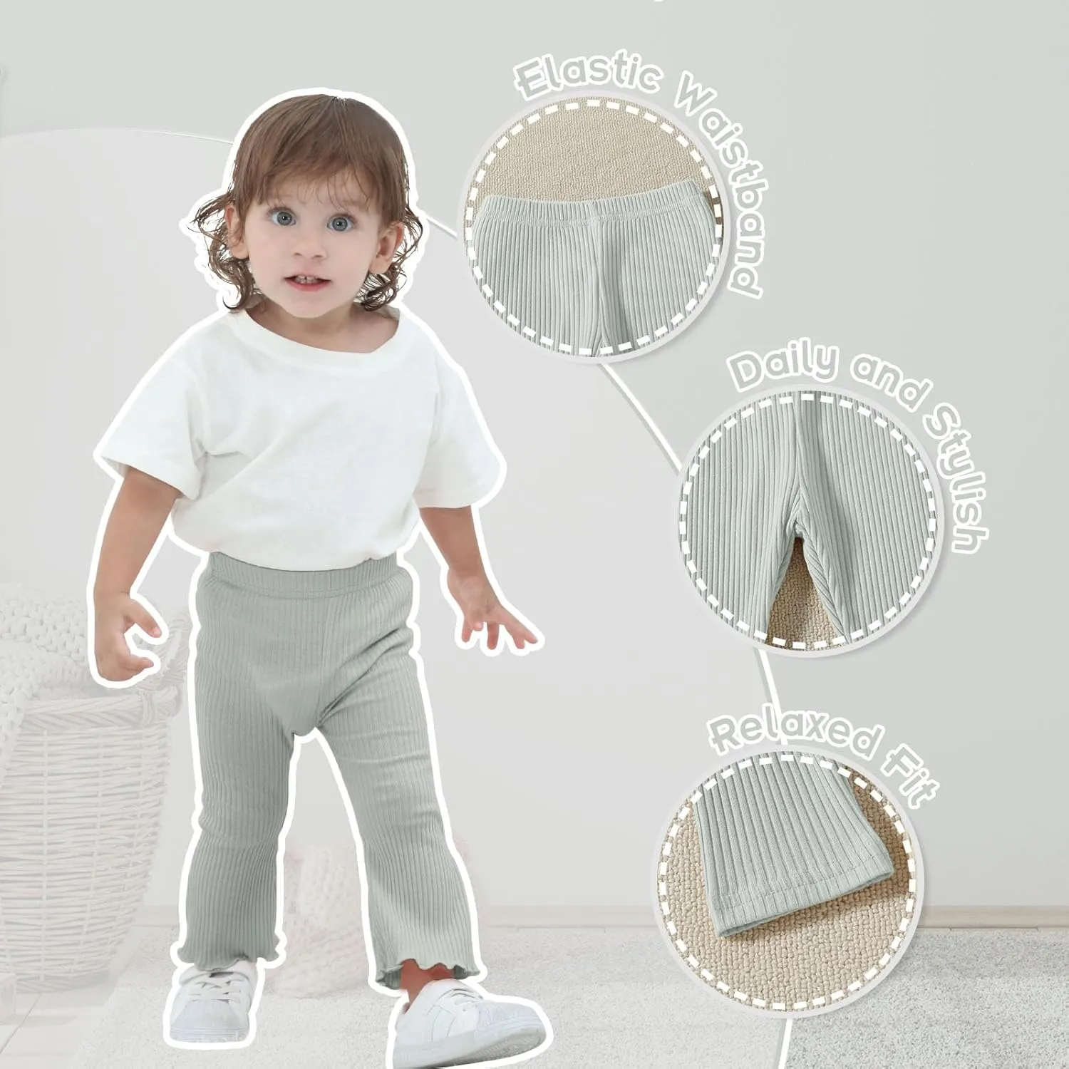 DREAM BUS 3 Pack Baby Girl Pants Toddler Leggings Solid Ribbed Cotton Baby Girls Flare Pants Toddler Bell Bottoms