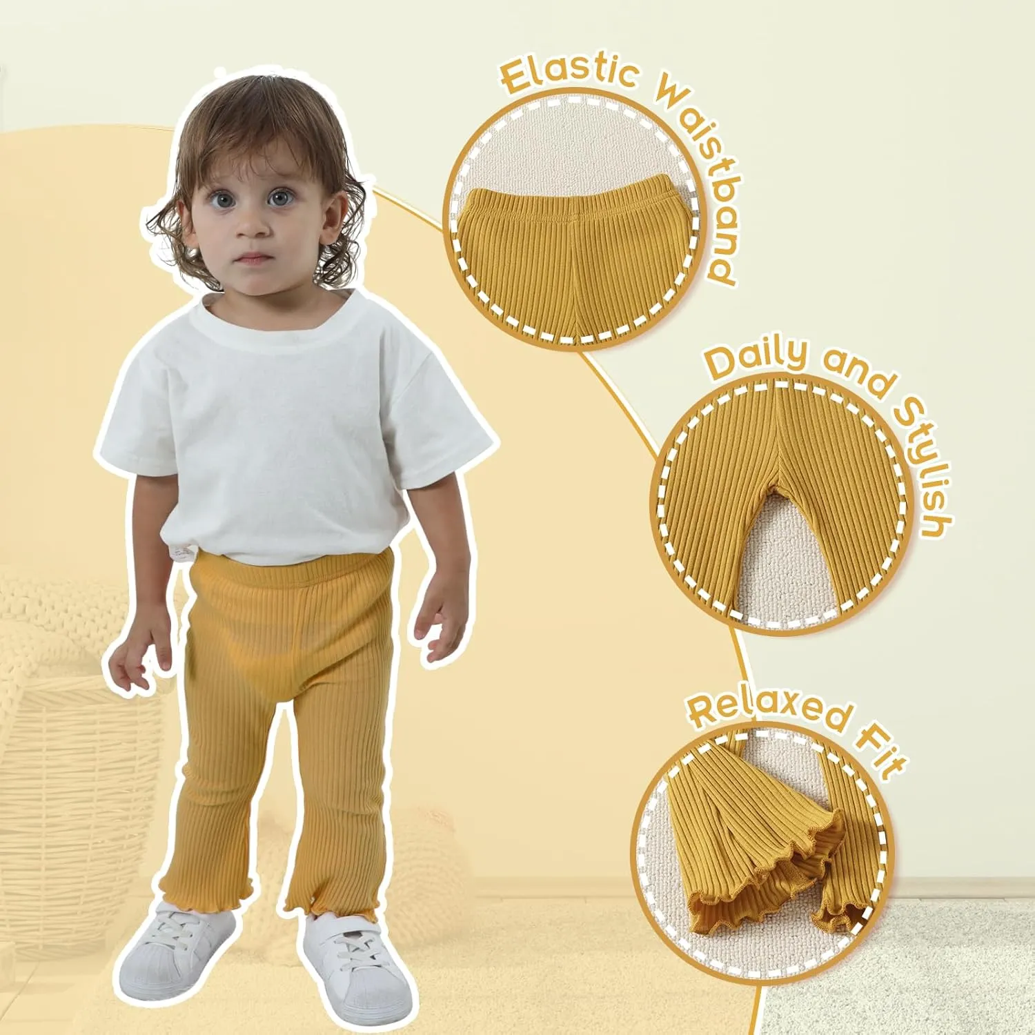 DREAM BUS 3 Pack Baby Girl Pants Toddler Leggings Solid Ribbed Cotton Baby Girls Flare Pants Toddler Bell Bottoms