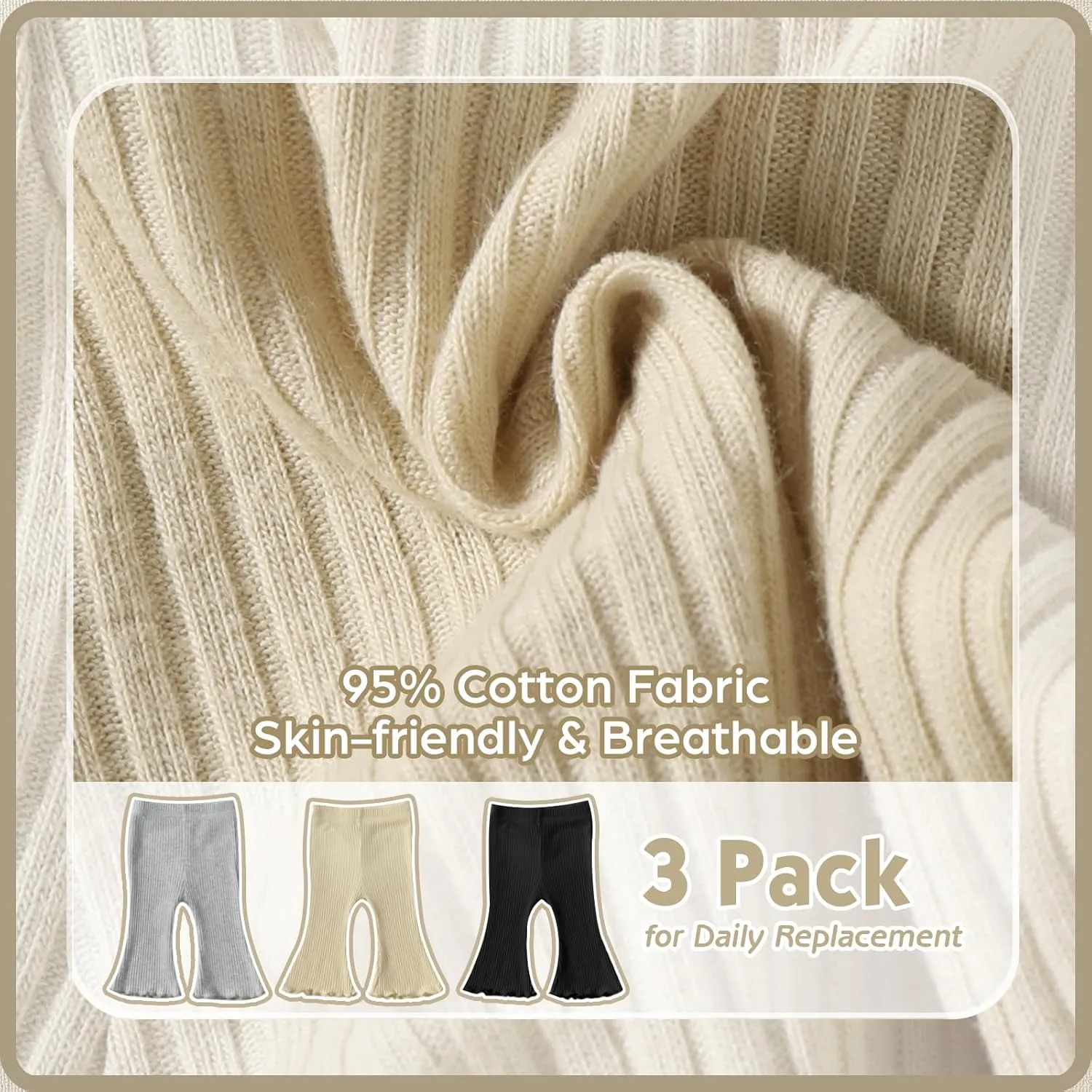 DREAM BUS 3 Pack Baby Girl Pants Toddler Leggings Solid Ribbed Cotton Baby Girls Flare Pants Toddler Bell Bottoms