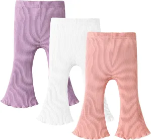 DREAM BUS 3 Pack Baby Girl Pants Toddler Leggings Solid Ribbed Cotton Baby Girls Flare Pants Toddler Bell Bottoms