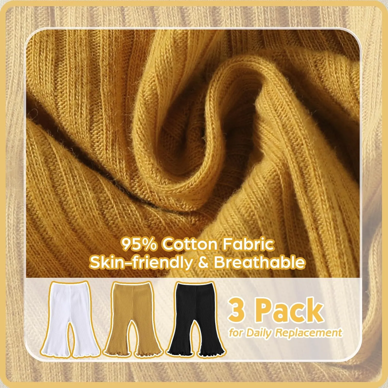 DREAM BUS 3 Pack Baby Girl Pants Toddler Leggings Solid Ribbed Cotton Baby Girls Flare Pants Toddler Bell Bottoms