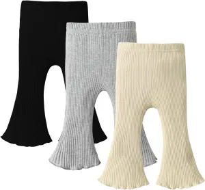 DREAM BUS 3 Pack Baby Girl Pants Toddler Leggings Solid Ribbed Cotton Baby Girls Flare Pants Toddler Bell Bottoms