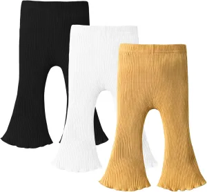 DREAM BUS 3 Pack Baby Girl Pants Toddler Leggings Solid Ribbed Cotton Baby Girls Flare Pants Toddler Bell Bottoms